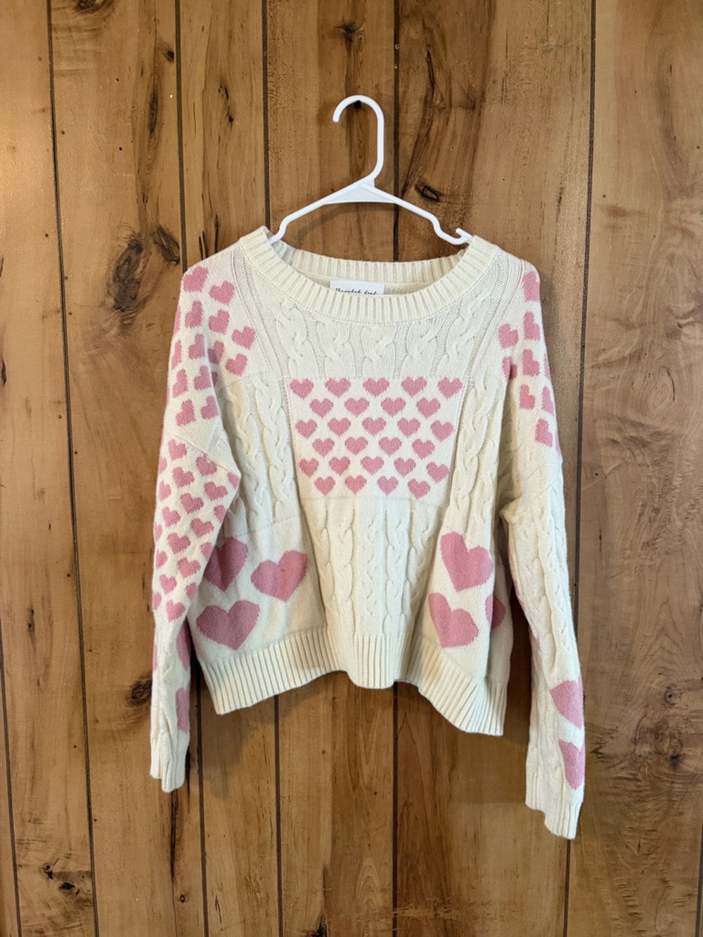 Cream Cable-Knit Crewneck Sweater with Pink Heart Motif